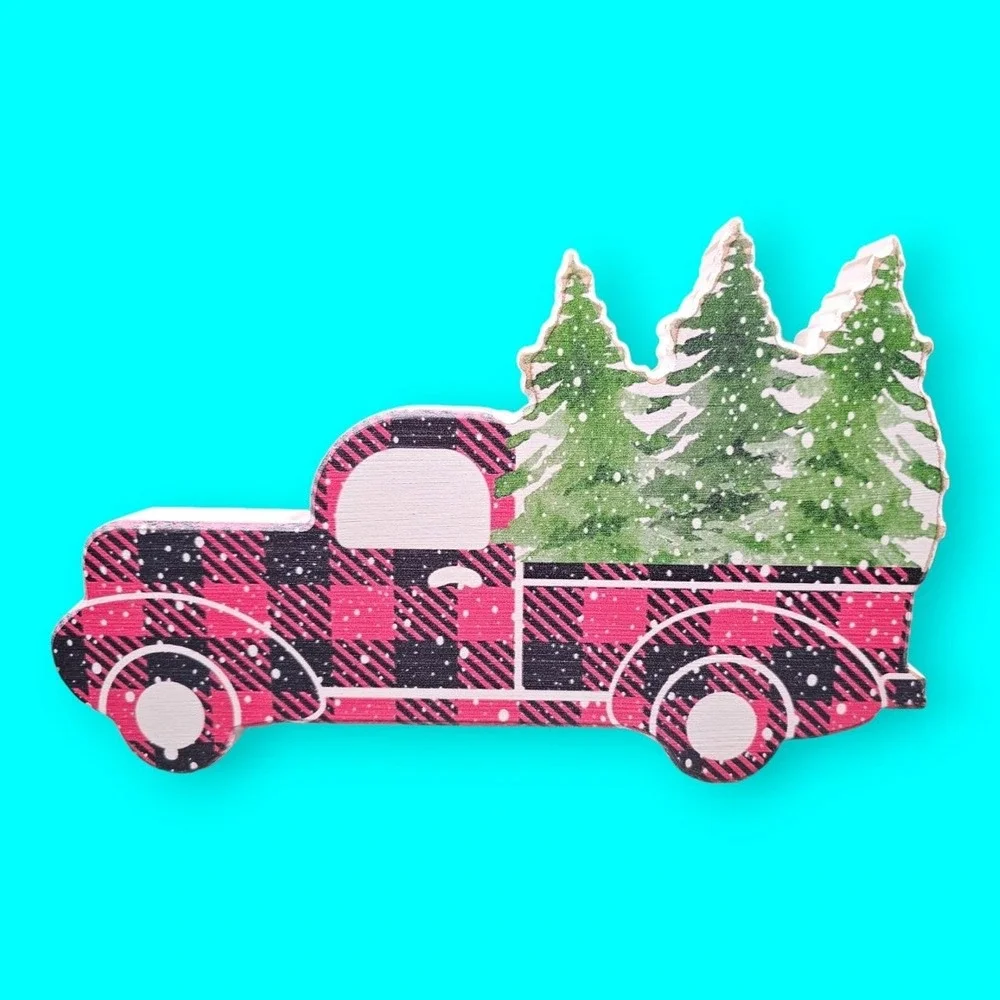 Quill to Paper by Sixtrees Wooden Box Sign Red Truck With Christmas Trees Bed